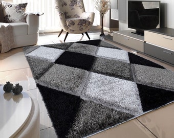 Black grey silver 3D Silky soft fluffy thick shimmering effect luxurious plush shaggy rug living room area rug bedroom carpet