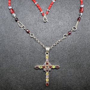 SantaFe Multi-gemstone Sterling Cross and Vintage Red Bead Pendant Necklace