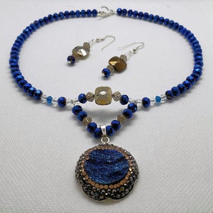 KarisTal Cobalt Blue Druzy Necklace and Earring Set