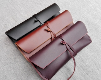 Leather pencil case handcrafted in Italian leather, wrap-strap sunglasses case, leather pen case, leather pencil pouch
