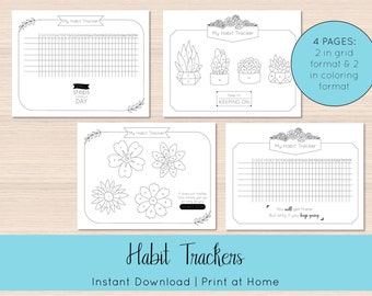 Habit Tracker : 2 pages quadrillées et 2 pages à colorier (Succulentes et Fleurs)