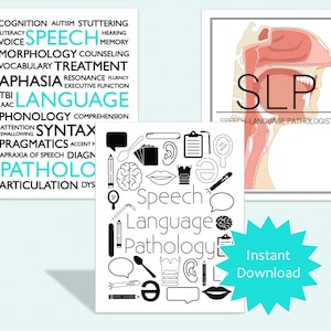 May include: Three printable posters for speech-language pathologists. The first poster features a word cloud of terms related to speech and language pathology. The second poster features a variety of black and white icons related to speech and language pathology. The third poster features a diagram of the human vocal tract with the text "SLP Speech-Language Pathologist".