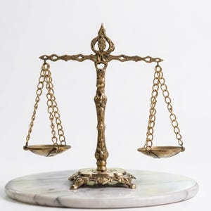 May include: A brass-colored metal scale of justice featuring an ornate central pillar with intricate carvings, a horizontal balance beam, and two small circular pans suspended by delicate metal chains on each side, resting on a round marble base.