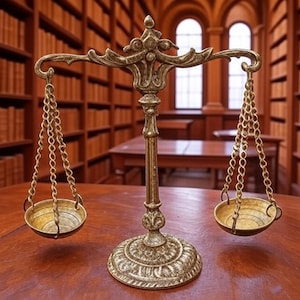 May include: A brass scale with two hanging bowls, set on a wooden table. The scale is ornate, with a decorative central column and curved arms. The background shows a library with bookshelves filled with books.