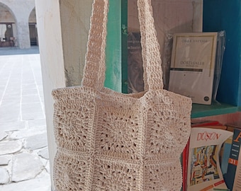 Handmade Cream Macrame Cotton Yarn Bag | Boho Chic Shoulder Tote