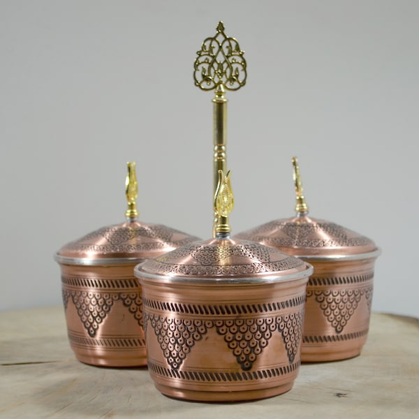 Copper Triple Spice Jars, Tea Coffee Sugar Set, Spice Rack, Antique Kitchen Product, Unique Handmade Model, Container, Cookie Containers