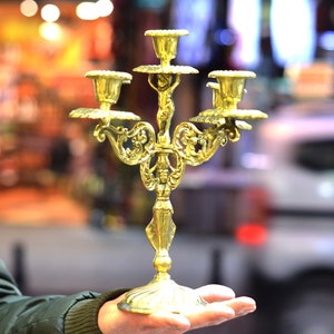 Handmade Brass Candlestick, Heavy Brass Candle Holder, Golden Candle Holders, Five Arm Candlestick, Boho Brass Candle Holders