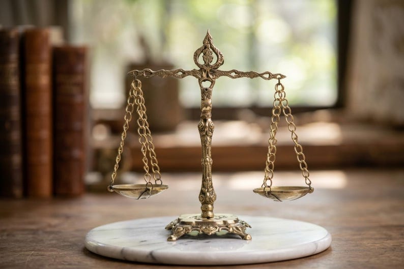 May include: A brass balance scale featuring an ornate central column with intricate scrollwork and a decorative top finial. Two shallow circular pans are suspended by delicate metal chains from a horizontal beam, creating a symmetrical structure.