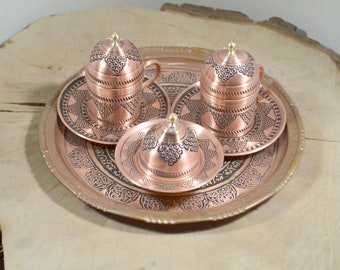 Copper Coffee Cup Set, Carved Copper, Unique Percussive Turkish Coffee, Authentic Antique Design, Two Person Mocha,