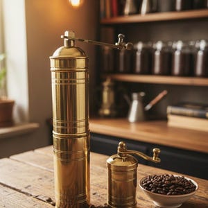 Puede incluir: Dos molinillos de café de latón, uno alto y otro pequeño, sobre una mesa de madera con granos de café esparcidos. También hay un pequeño cuenco blanco lleno de granos de café. Los molinillos tienen un diseño clásico.