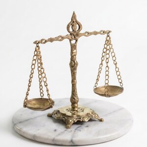 May include: A brass balance scale featuring an ornate central pillar and decorative base. Two circular pans are suspended by thin metal chains from a horizontal beam. The scale is constructed with intricate metalwork details throughout the frame.