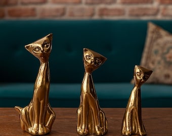 Vintage Mid Century Brass Cat Figurines, 3 Sizes, Retro Stylized Brass Cat Family Sculpture, Hollywood Regency Brass Kittens Decor