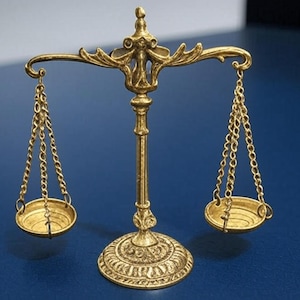 Peut inclure: Une balance décorative dorée avec deux plateaux circulaires suspendus par des chaînes. La balance a un design orné et repose sur une base ronde. Le fond est de couleur bleu uni.