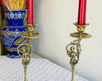 Handmade Double Angelic Candle Holder, Vintage Heavy Brass Candlestick, Single Branch, Boho Candlesticks, Turkish Made Brass Candlestick
