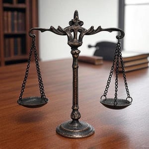 Puede incluir: Una balanza decorativa de color bronce con dos bandejas colgantes conectadas por cadenas. La balanza tiene una columna central y una parte superior decorativa. Las bandejas están vacías. La balanza está sobre una superficie de madera.