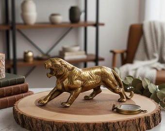 Vintage Brass Tiger Figurine, Desktop Office Decor,  Good Luck Zodiac Gift, New Year Decor, Brass tiger statue, Tiger brass sculpture