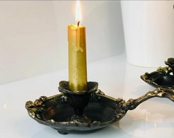 Yellow Brass Single Candlestick, Vintage Handmade Candle Holder, Boho Decor