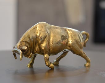 Vintage Brass Bull Figurine, Mid Century Modern Charging Bull Statue, Solid Brass Bull Sculpture for Office Decor, Wall Street Bull Gift