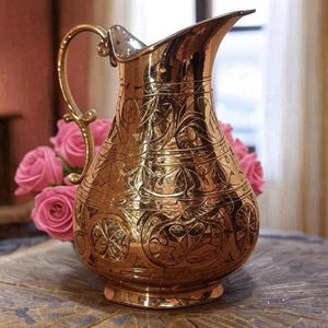 Könnte beinhalten: Eine goldfarbene Metallkanne mit einem verzierten, gravierten Blumendesign. Die Kanne hat einen gebogenen Griff und einen Ausguss. Hinter der Kanne sind rosa Rosen zu sehen, die auf einer Holzoberfläche steht.