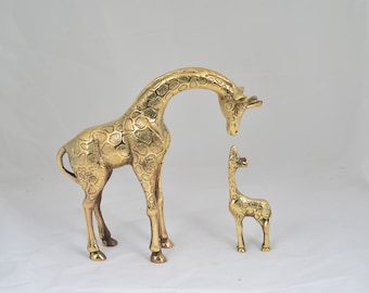 Yellow Copper Giraffe Sculpture Set, Handmade Brass Giraffe Bibelot, Home Decoration, Collection Personalized Gift, Original Animal Statue