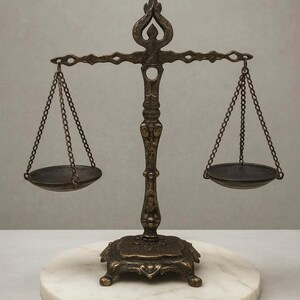May include: A bronze-toned metal balance scale featuring an ornate central pillar, a decorative crossbar, and two circular pans suspended by thin metal chains. The scale is mounted on a square base with four small feet, resting on a circular marble slab.