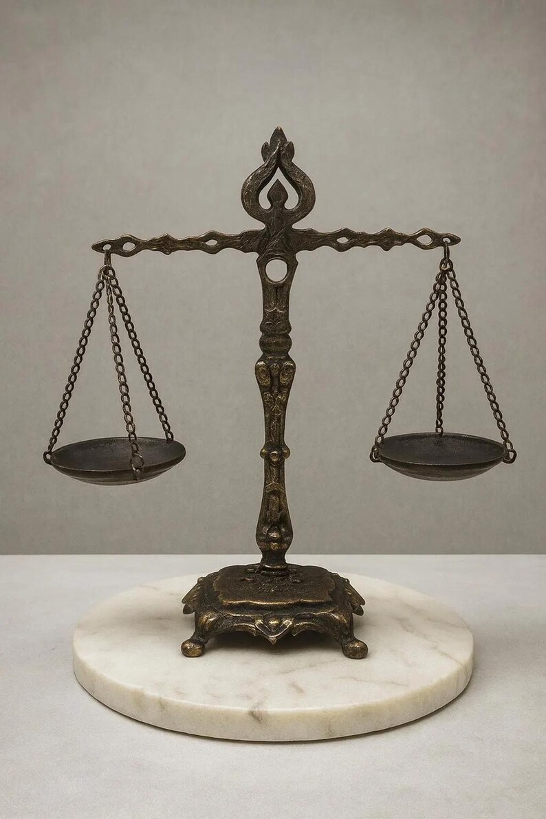 May include: A bronze-toned metal balance scale featuring an ornate central pillar, a decorative crossbar, and two circular pans suspended by thin metal chains. The scale is mounted on a square base with four small feet, resting on a circular marble slab.