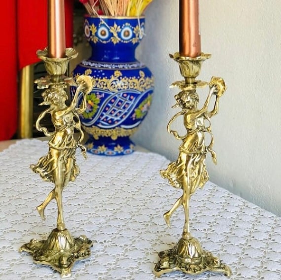 Handmade Double Angelic Candle Holder, Vintage Heavy Brass Candlestick,  Single Branch, Boho Candlesticks, Turkish Made Brass Candlestick 
