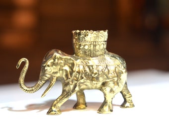 Brass Elephant Statue with Basket, Yellow Trinket Office and Home Casting, African Life Elephant Statuette, Indian Sculpture, Animate Figure