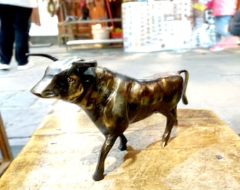 Copper Bull Statue, Handmade Brass Detection Trinket, Gold Circle, Gift Ridiculous Decor, Bull Terrier Decor, Vintage Taurus Statue