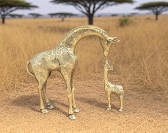 Yellow Copper Giraffe Sculpture Set, Handmade Brass Giraffe Bibelot, Home Decoration, Collection Personalized Gift, Original Animal Statue