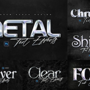 Puede incluir: Una colección de seis efectos de texto en plata, cromo y oro. Los efectos de texto son "Metal", "Chrome", "Shine", "Silver", "Clear" y "Foil".