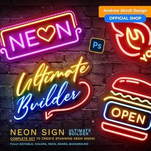 Pode incluir: Um conjunto de modelos de sinalização de néon para criar sinais personalizados. Os modelos incluem um coração com a palavra "NEON", um balão de fala com as palavras "Ultimate Builder", uma chama com a palavra "YOU" e um hambúrguer com a palavra "OPEN".