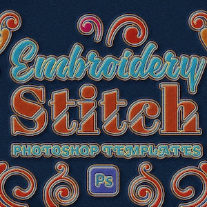 Könnte beinhalten: Digitalgrafik mit den Worten "Embroidery Stitch" in einem strukturierten 3D-Stil, mit einem Blau- und Orangeton. Der Text ist vor einem dunkelblauen Hintergrund mit dekorativen floralen Elementen platziert.