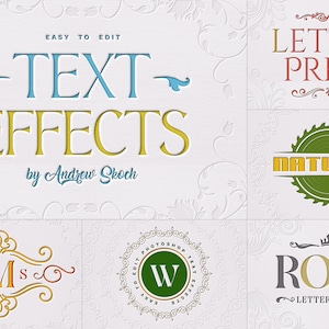 Puede incluir: Una colección de efectos de texto con diferentes estilos y fuentes. Los efectos de texto incluyen "TEXT", "EFFECTS", "LETTER PRESS", "NATURAL", "Miss", "W" y "ROSE LETTER PRESS".