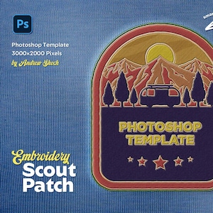 May include: A vintage-style embroidered patch with a mountain scene, a camper, and trees. The patch is on a blue knitted fabric background. The text "PHOTOSHOP TEMPLATE" is in yellow letters on a dark blue background. There are five yellow stars below the text.