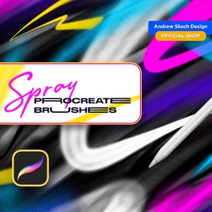 Op de afbeelding: Een kleurrijke abstracte achtergrond met een witte stylus en een wit vak met de tekst "Spray Procreate Brushes". Het Procreate-app-pictogram bevindt zich in de linkerbenedenhoek.