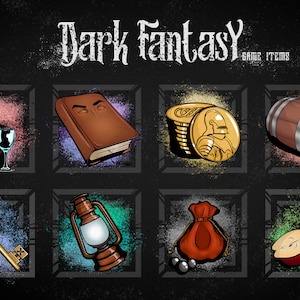 Puede incluir: Un conjunto de ocho objetos de juego de fantasía oscura, que incluyen una botella de vino, un libro, una pila de monedas de oro, un barril con una calavera y huesos cruzados, una llave, una linterna, una bolsa de monedas de oro y una manzana.