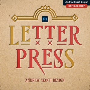 May include: A vintage-style logo design with the text "LETTER PRESS" in red and gold lettering. The logo is set against a brown background with a decorative border.