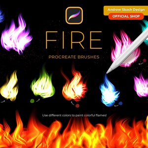 May include: A set of Procreate brushes for creating colorful fire effects. The brushes are shown in different colors, including blue, green, yellow, orange, pink, and purple. The text "FIRE" and "PROCREATE BRUSHES" is displayed in the image. The text "Use different colors to paint colorful flames!" is also displayed in the image.