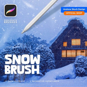 May include: A digital illustration of a snowy landscape with a house in the background. The text "SNOW BRUSH" is in large, white letters. The text "PROCREATE BRUSHES" is in the upper left corner. The text "13 SNOW OVERLAYS - 5 DECORATIVE SNOWFLAKES" is at the bottom of the image. The text "Andrew Skoch Design OFFICIAL SHOP" is in the upper right corner.