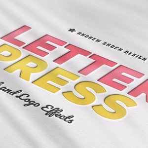 Puede incluir: Un fondo blanco con el texto "LETTER PRESS" en letras rosas y amarillas con un efecto de sombra. El texto "Text and Logo Effects" está debajo del texto principal en negro.