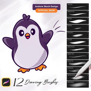 May include: A cartoon penguin with a purple body and white belly waves with its wing. The penguin is smiling and has a bright orange beak. The image includes the text "12 Drawing Brushes" and a list of 12 different brush types with examples of each brush stroke.