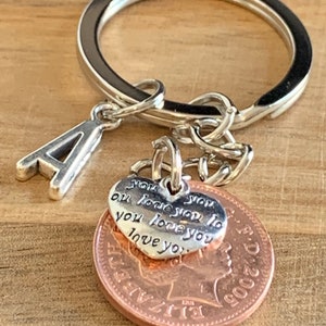 Presente de aniversário ou aniversário para ela, moeda de um centavo da sorte e amuletos em chaveiro em bolsa de presente, escolha seu ano de nascimento e carta inicial
