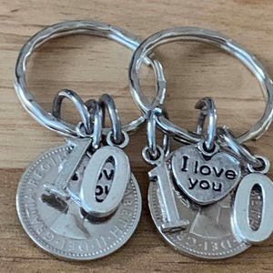 10th Wedding Anniversary Gift Lucky Sixpence Keyring Set With Or Without I Love You Charms Gift For Her Him