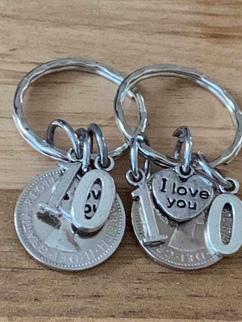 10th Wedding Anniversary Gift Lucky Sixpence Keyring Set With Or Without I Love You Charms Gift For Her Him