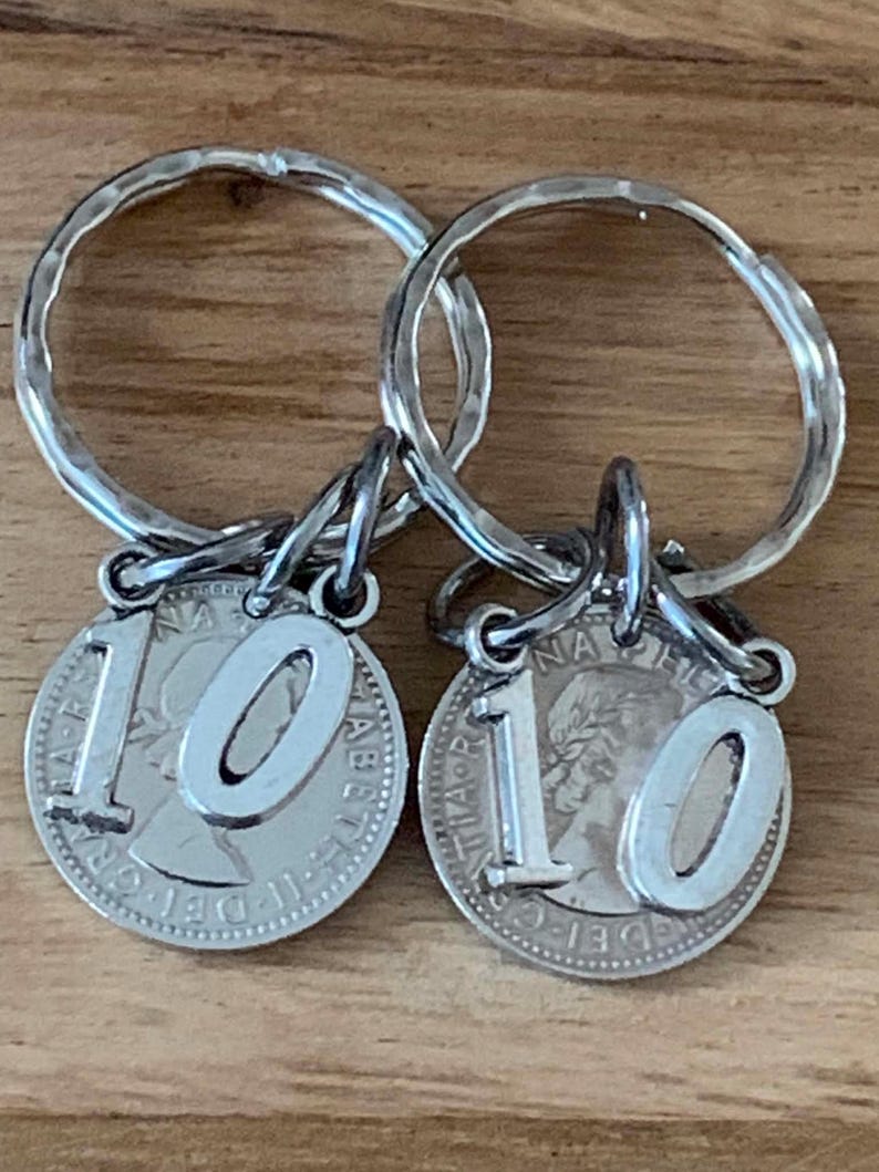 10th Wedding Anniversary Gift Lucky Sixpence Keyring Set With Or Without I Love You Charms Gift For Her Him