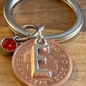 Birthday Gift - Anniversary Gift - Personalised 2003 lucky Penny Coin & Charms On Keyring In Gift Bag Choose Initial and Birthstone