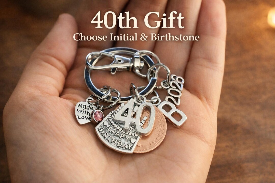 40th Birthday Keyring: 1986 Coin, Initial and Birthstone Charms - Etsy UK