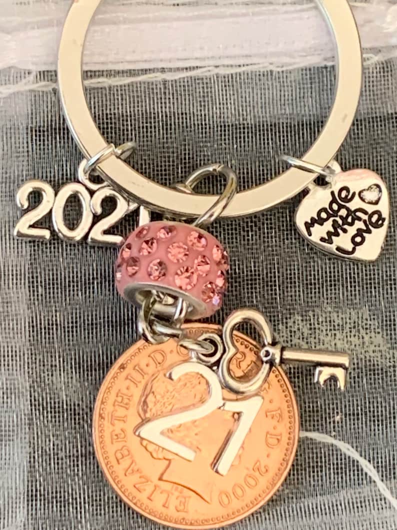 New 21st Birthday Gift 2000 1p Coin /& Key Charms On Keyring In Gift Bag