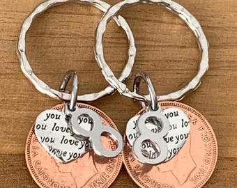 Puede incluir: Dos anillos de metal plateado martillado, cada uno con una moneda de cobre, un dije en forma de corazón con el texto 'you love you' grabado y un símbolo de infinito de plata, unidos al anillo mediante una pequeña argolla de metal.